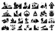 © Md - Black and White Hiking Adventure Icon Set with Backpack Traveler and Mountain Explorer Silhouettes