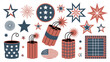 © As - Decorative set of patriotic red white and blue fireworks and explosive dynamite sticks with various star shapes isolated on a clean white background for celebrating national holidays and summer events
