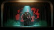 © Eman - Metallic robotic head on stage under spotlight with red abstract background
