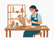 © NoblePix - An archaeologist carefully restores an ancient amphora vase with a brush, surrounded by tools, paints, and other artifacts on a wooden table.