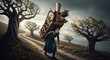 © budhe - Woman carrying a heavy burden of clocks in nature.