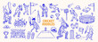 © Saiid-Designs - Cricket doodles: a collection of hand-drawn illustrations depicting various aspects of the sport of cricket, including players, a stadium, and equipment, with cartoon grasshoppers as characters.