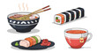 © faried ailesh - A vibrant illustration showcasing a selection of popular Japanese dishes including ramen, sushi, and a cup of tea.