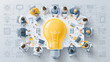 © pattozher - Brainstorming Session: A team of professionals gathers around a table, illuminated by a giant lightbulb, symbolizing a collective brainstorming session for innovative ideas.