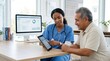 © Ming - Female doctor showing health data on tablet to senior male patient in modern clinic, digital healthcare concept, medical consultation, telemedicine, electronic records