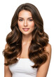 © patricia - young caucasian woman in a white strapless top, smiling confidently, showcasing her perfectly coiffed, voluminous, lustrous brown wavy hair against a transparent background. concept for beauty