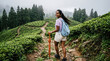 © IllustrationAlchemy - Young woman hiking through misty tea plantation.