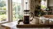 © khawar - Rustic french press coffee on wooden tray, cozy morning breakfast scene with ceramic mugs and milk, bright cottage kitchen interior with garden view