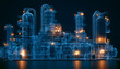 © Selvam - Digital twin of the industrial refinery complex. A blue wireframe blueprint shows the complex machinery with orange glowing lights. Futuristic factory model for the tech industry.