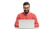 © noyon.me121 - Smiling bearded man wearing glasses using a laptop computer isolated on transparent background