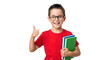 © noyon.me121 - Happy school boy with glasses showing thumbs up holding books isolated on transparent background