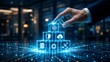 © D' Architect - Professional hand places AI cube atop data, cloud, and cybersecurity blocks, symbolizing integrated digital transformation and future tech.