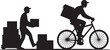 © Yarun - Silhouette of a delivery worker carrying boxes and a courier riding a bicycle with a package on his back, representing logistics, shipping, and express delivery services