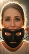 © Ten - Woman holding a black mask in front of her face.