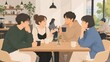 © Diamond Fuji - Group of young adult friends enjoying coffee and lively conversation at a modern cafe.