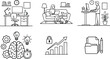 © Mina Begum - Set of professional business and remote work icons featuring office setups, brainstorming process, growth charts, and document management.
