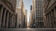 © olga_demina - Empty financial district street with neoclassical buildings and skyscrapers.