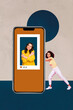 © deagreez - Contemporary artwork collage of happy girl guy stand phone heart notification icon social media feedback smm blogger influencer