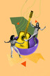 © deagreez - Surreal art collage of people chill stand near bowl with guitar on yellow color background