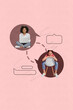 © deagreez - Zine pop image banner 3d photo collage of happy girl guy stand bubble communication speech chatterbox networking message phrase