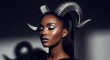 © Viktoryia - High-fashion beauty portrait of a model wearing dramatic silver ram horns and glamorous metallic makeup against a dark studio background