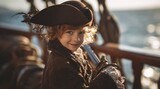 Young boy in pirate costume smiling outdoors with sunlight