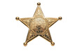 © Habib - A detailed gold sheriff star badge with intricate engraved floral patterns, isolated on a white background, featuring a classic western style