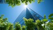 © Generative AI - Modern glass skyscraper rising towards a bright sun, framed by vibrant green trees and clear blue sky