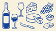 © Lang - Artistic naive vector illustration featuring a drawing sketch of a vintage wine bottle, glass, and gourmet cheese wedge blocks with a rustic aesthetic for culinary menu or kitchen design.