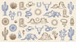 © Lang - Minimalist Western Desert Symbols Set Featuring Folk Vector Illustration of Cacti, Sun, Mountains, and Tribal Motifs in a Hand-Drawn Bohemian Style for Creative Graphic Design Projects.