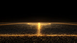 Golden glowing soccer pitch lines on black background