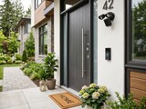 Modern dark grey front door featuring a sleek silver handle with a smart video doorbell and motion sensor security light mounted on the white stucco exterior wall of a house