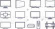 © Noyon - Smart television and computer monitor line icon vector set featuring curved screen side perspective multi window remote control wall mount bracket and media receiver elements