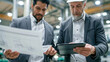 © CreativeArt - Two male engineers collaborating on a new manufacturing project, reviewing blueprints and using a digital tablet in a modern factory setting