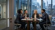 © Eve - Diverse corporate business team having meeting in modern highrise office boardroom discussing strategy financial analytics partnership international stakeholders professional communication