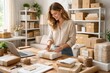 © Leonardo - Mujer preparando productos para el envío, materiales de embalaje ordenados cuidadosamente, operaciones de la tienda en línea