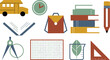 © msttaniyaakter - School Education Supplies Collection with School Bus, Books, Backpack, Pencil, Geometry Tools, Laboratory Beaker, and Learning Essentials