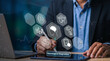 © KHAN VECTOR CO.  - Medical professional using laptop for neurological diagnostics with brain health icons displayed on screen
