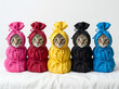 © Adudu - Five Cute Tabby Cats Dressed in Colorful Fabric Bundles Arranged in a Row Against a White Background