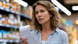 © Jane_S - Middle aged woman reading receipt in grocery store aisle