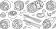© vector design  - Japanese sushi roll food icons set with maki california roll temaki chopsticks soy sauce ginger linear outline vector