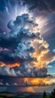 © Hambaa - A vibrant, digitally rendered landscape of a large, fluffy cloud formation illuminated from behind by sunlight, set against a backdrop of a serene, mountainous horizon at sunset