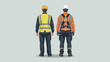 © purna - Two construction workers standing back to back wearing safety gear and helmets with construction standing uniforms protective equipment hardhats industrial partners professional workwear