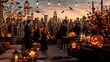 © MdDin - Elegant Halloween rooftop party at sunset with glowing jack-o-lanterns and New York city skyline view