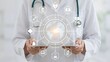 © Abu - Medical Professional Holding Digital Tablet with Global Healthcare Data Network Icons and Futuristic Diagnostic Interface