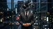 © Minati - Businessman with exploding abstract head, city lights bokeh background