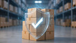 © Vicentia - Glowing glass security shield with a white check mark covering a stack of cardboard boxes in a blurred warehouse, representing secure digital logistics and cargo insurance.