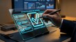 © Gaming - A business professional interacts with a glowing digital checklist on a transparent glass screen.