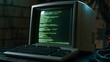 © Oleh - Vintage computer system with a crt monitor displaying green code, representing old technology, programming, cyber security, retro computing, and data processing