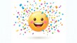 © Muhammad - Cheerful yellow emoji face with wide smile and rosy cheeks, festive celebration emoticon with colorful confetti, happy party avatar isolated on White Background